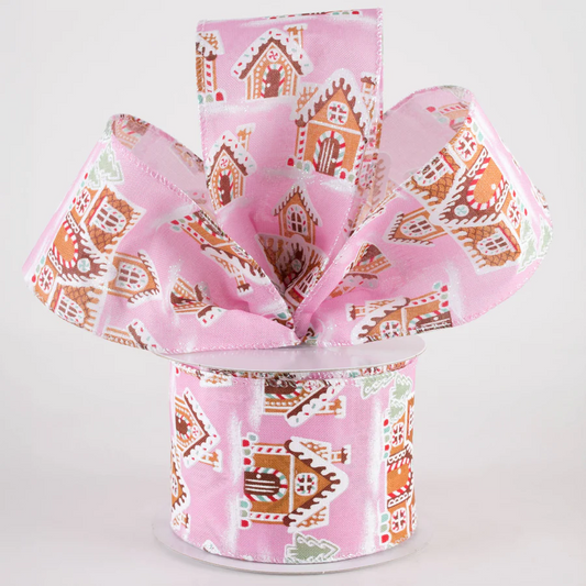 2 1/2" Gingerbread House Wired Ribbon: Pink - 1 Yard - Sugar Pink Boutique