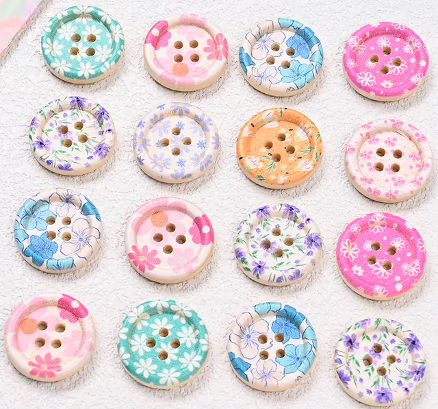 Spring Floral Wooden Painted Buttons - Set of 30