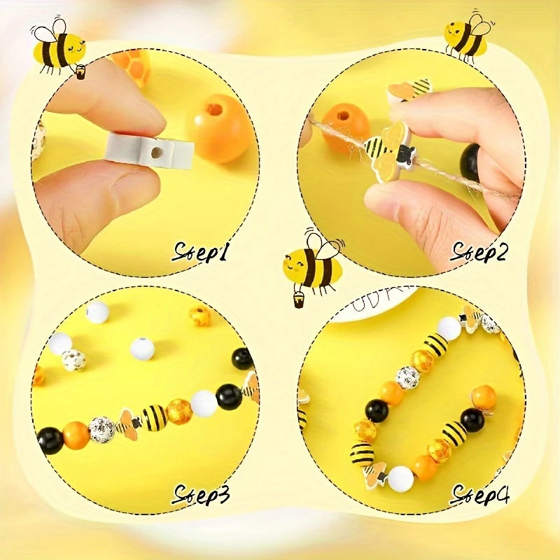 Bees Themed Spring & Summer Wooden Beads - Set of 60