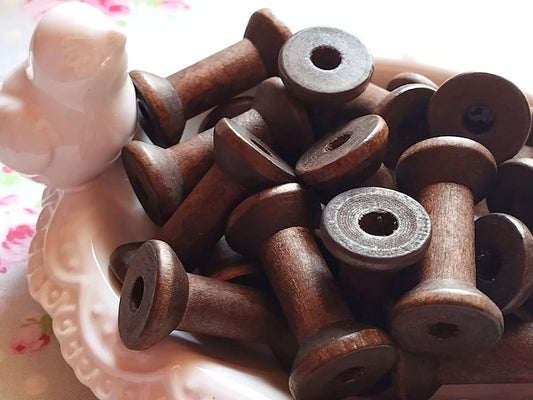 Set of 5 - Walnut Brown Wooden Spools - 1.57" - Sugar Pink Boutique