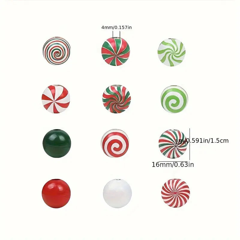 Green and Red Peppermint Swirl Wooden Beads - Set of 50