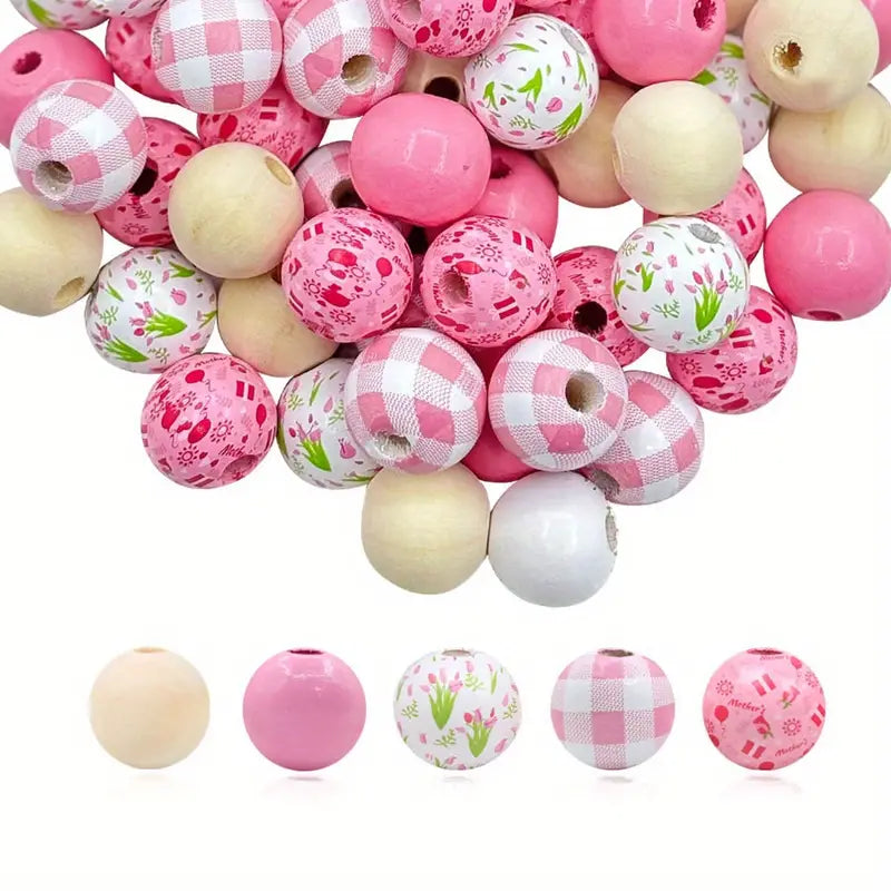 Mother’s Day Pink Floral Wooden Beads - Set of 50 - Sugar Pink Boutique