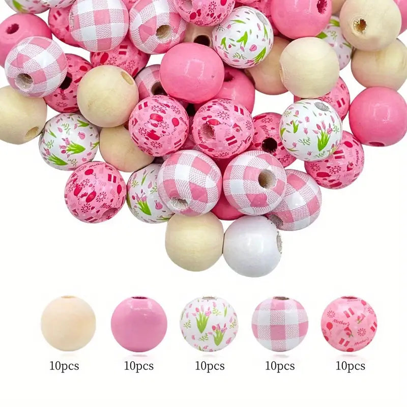 Mother’s Day Pink Floral Wooden Beads - Set of 50 - Sugar Pink Boutique