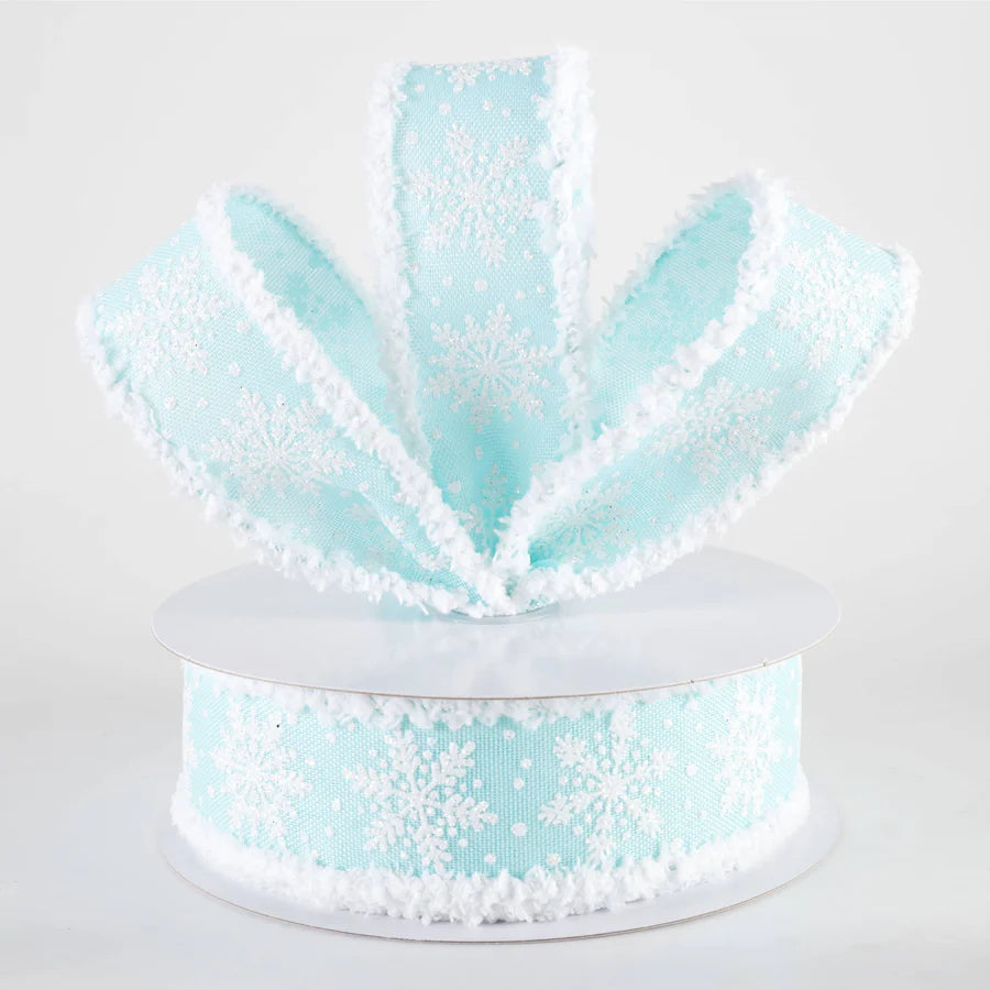 1 1/2" Snowflakes on Drift Fuzzy Edge Wired Ribbon: Ice Blue - 1 Yard - Sugar Pink Boutique