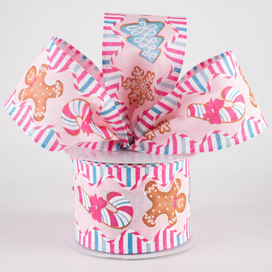 2 1/2" Christmas Cookies Candy Stripe Wavy Edge Wired Ribbon: Pink - 1 Yard - Sugar Pink Boutique
