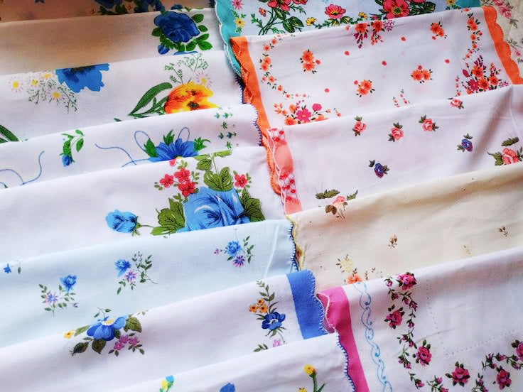 Set of 12 - Assortment of Floral Vintage Style Scalloped Edge Cotton Handkerchiefs