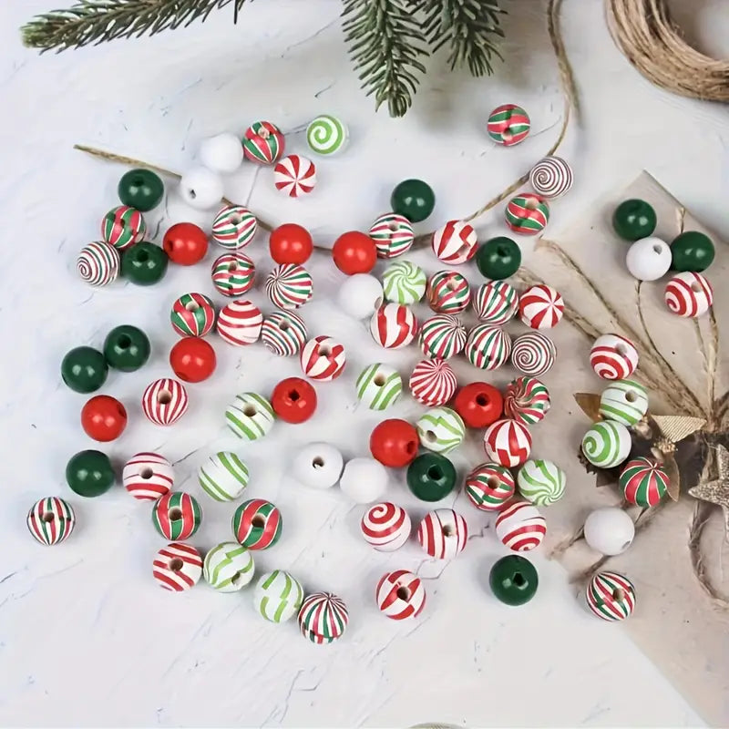 Green and Red Peppermint Swirl Wooden Beads - Set of 50
