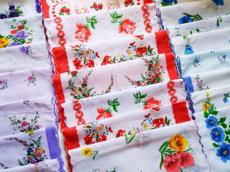 Set of 12 - Assortment of Floral Vintage Style Scalloped Edge Cotton Handkerchiefs