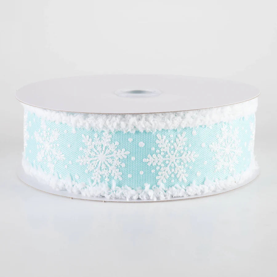 1 1/2" Snowflakes on Drift Fuzzy Edge Wired Ribbon: Ice Blue - 1 Yard - Sugar Pink Boutique