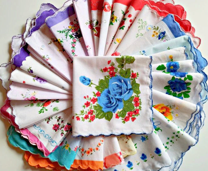 Set of 12 - Assortment of Floral Vintage Style Scalloped Edge Cotton Handkerchiefs
