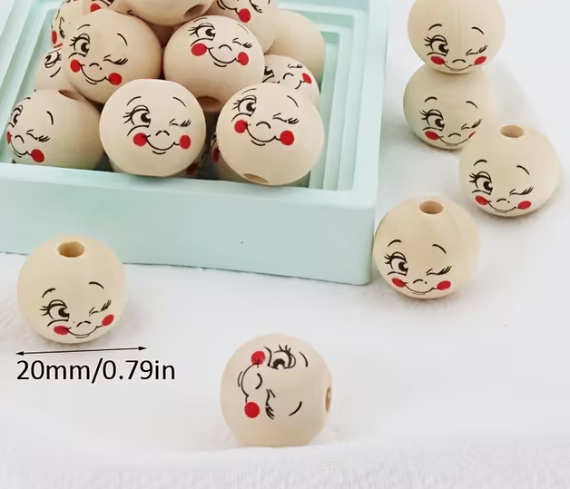 Happy Face Wooden Beads - Set of 10