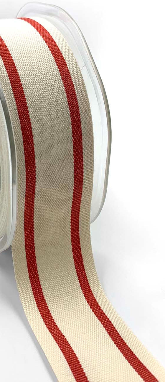 Cotton Blend Woven Double Red Stripe Ribbon with Woven Edge - 1 1/2" - 1 Yard