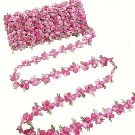 Pink and Green Floral Embroidered Lace Trim - .70 inch - 1 Yard - Sugar Pink Boutique