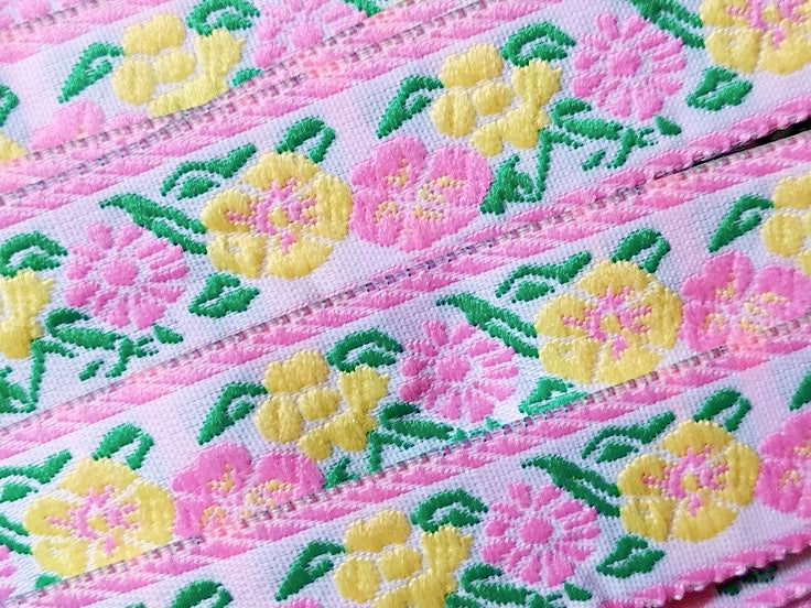 Jacquard Pink, Green & Yellow Spring Floral Ribbon - 5/8" - 1 Yard