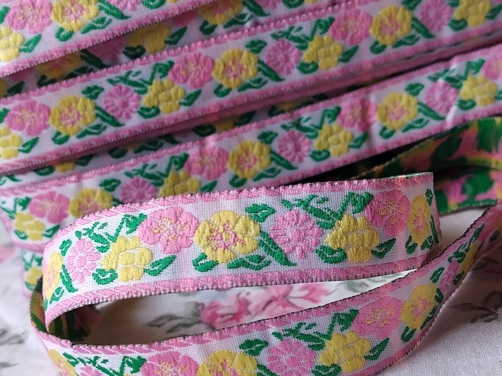 Jacquard Pink, Green & Yellow Spring Floral Ribbon - 5/8" - 1 Yard
