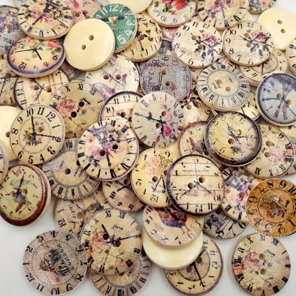 Vintage Style Wooden Retro Painted Clock Buttons Mix - Set of 50