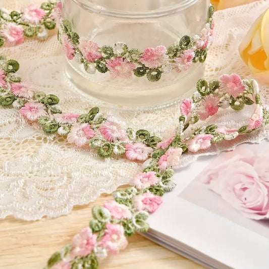 Pale Pink and Green Floral Embroidered Lace Trim - .78 inch - 1 Yard - Sugar Pink Boutique