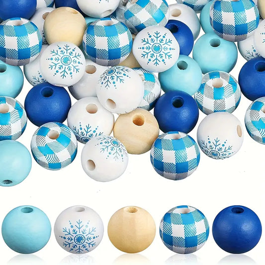 Blue and White Christmas Snowflake Wooden Beads - Set of 50 - Sugar Pink Boutique