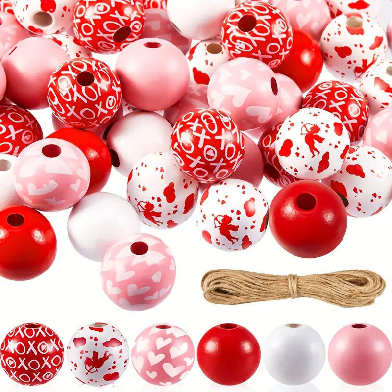 Valentine's Day Wooden Beads - Set of 60 - Sugar Pink Boutique
