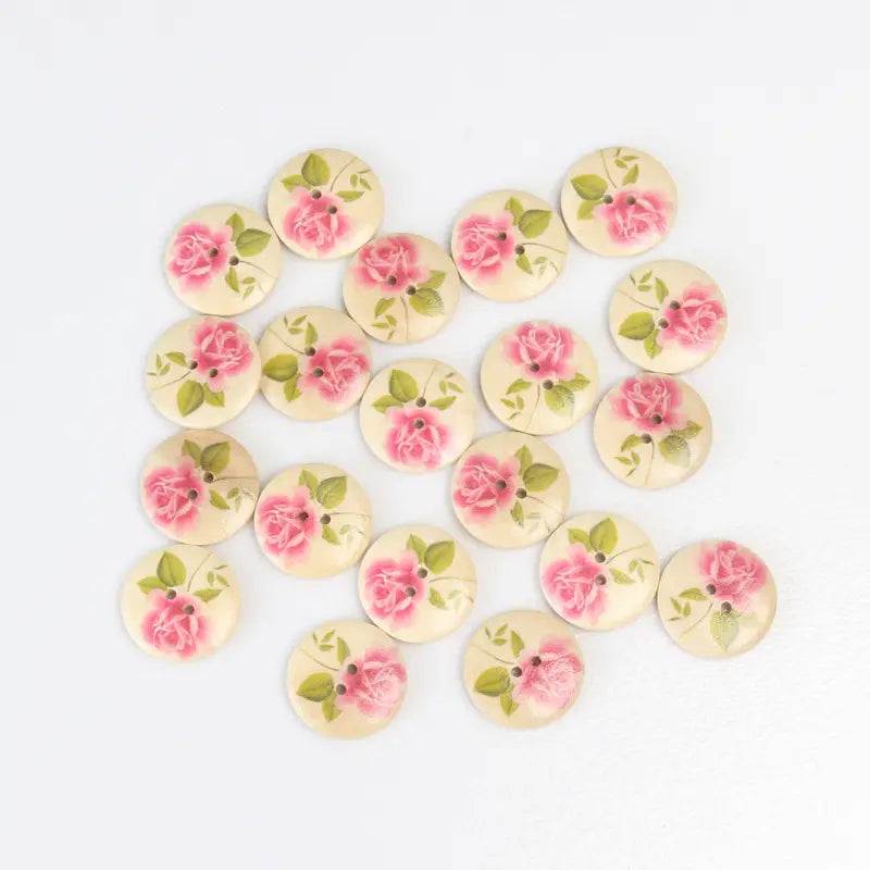 Shabby Chic Roses Wooden Painted Buttons - Set of 20