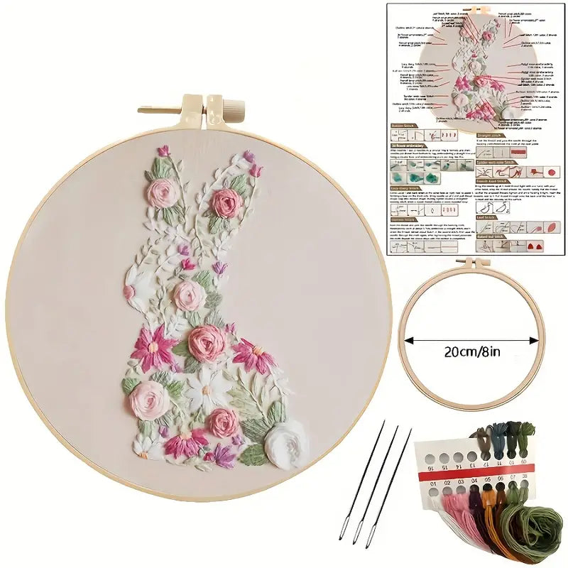Floral Rabbit Embroidery Starter KIT for DIY Beginners - Sugar Pink Boutique
