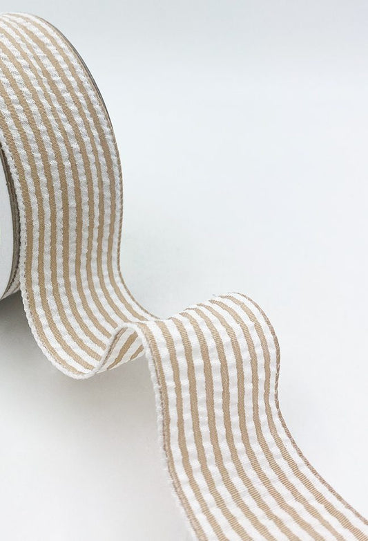 Traditional Seersucker Lightly Wired Ribbon - Sand and Ivory - 1 1/2" - 1 Yard