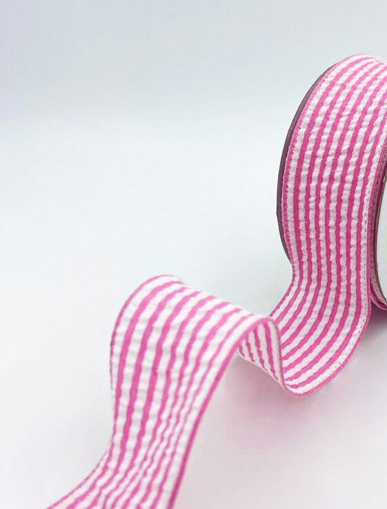 Traditional Seersucker Lightly Wired Ribbon - Pink and White - 1 1/2 inch - 1 Yard