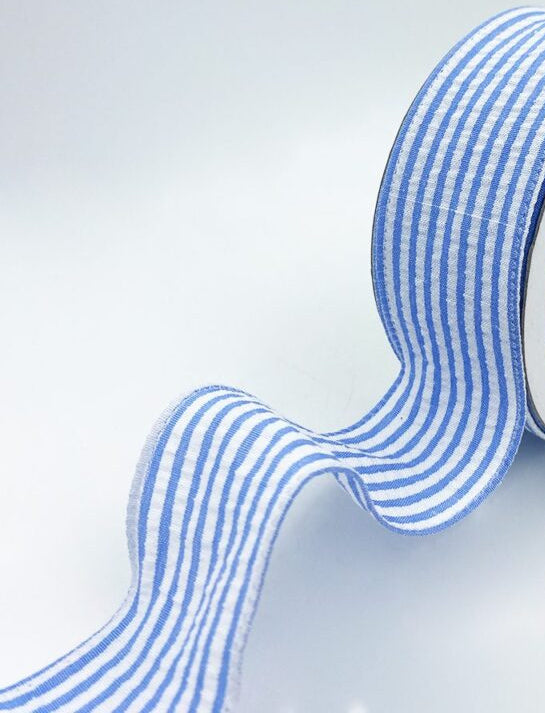 Traditional Seersucker Lightly Wired Ribbon - Blue and White - 1 1/2 inch - 1 Yard