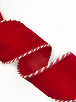 Red Velvet Ribbon with Red and White Ticking Wired Edge - 2 1/2" - 1 Yard