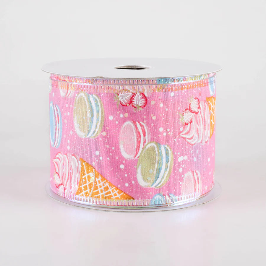 2 1/2" Iridescent Ice Cream & Macarons Wired Ribbon: Pink - 1 Yard - Sugar Pink Boutique