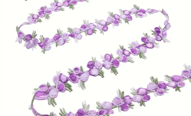 Lavender and Green Floral Embroidered Lace Trim - .70 inch - 1 Yard
