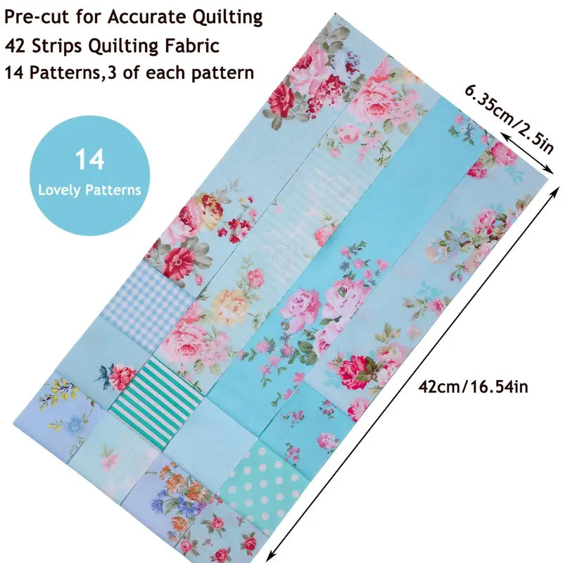 Shabby Chic Blue Floral Jelly Roll - 2.5" X 16.54" - Set of 42 Fabric Stripes