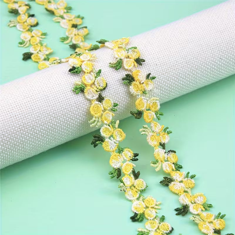 Yellow and Green Floral Embroidered Lace Trim - .79 inch - 1 Yard