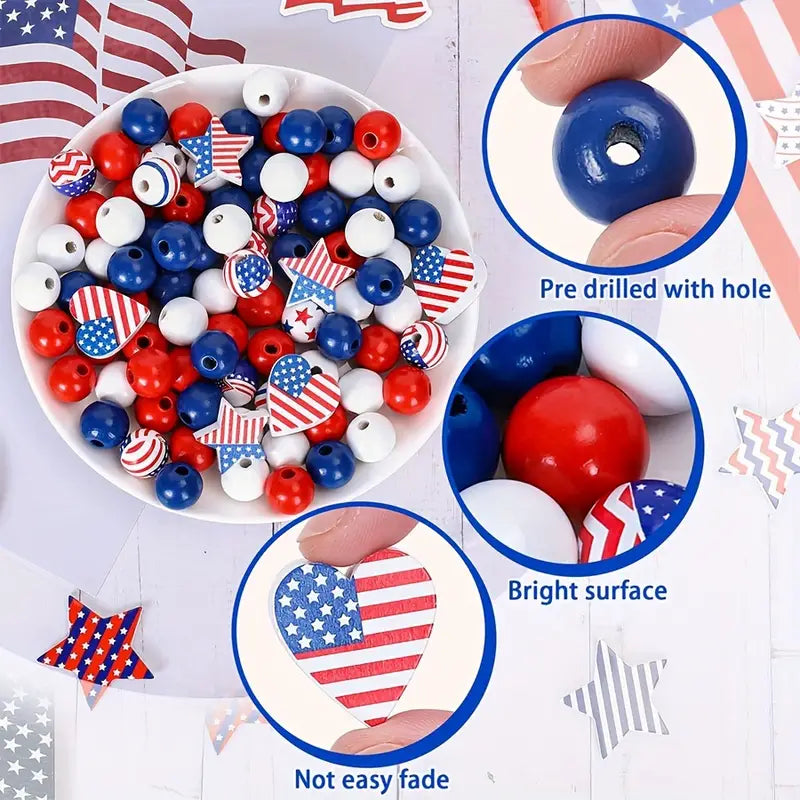 Patriotic Wooden Beads - Set of 65