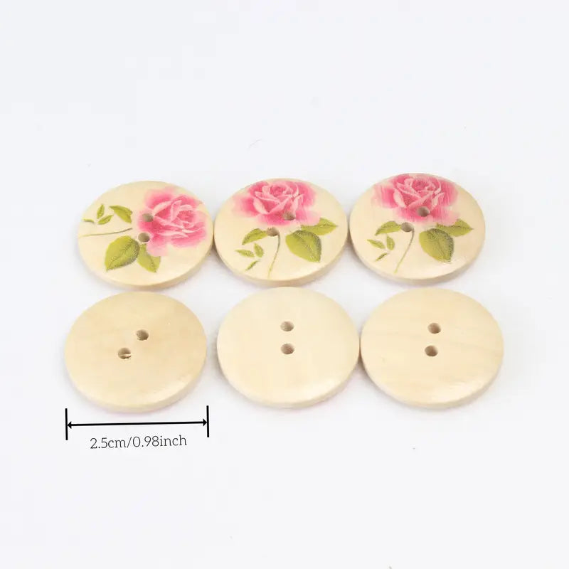 Shabby Chic Roses Wooden Painted Buttons - Set of 20