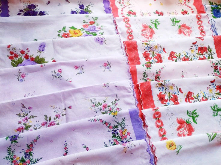 Set of 12 - Assortment of Floral Vintage Style Scalloped Edge Cotton Handkerchiefs