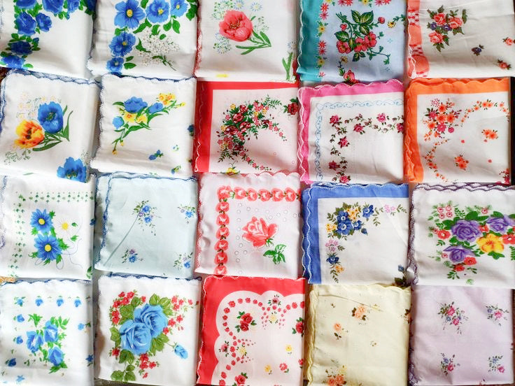 Set of 12 - Assortment of Floral Vintage Style Scalloped Edge Cotton Handkerchiefs