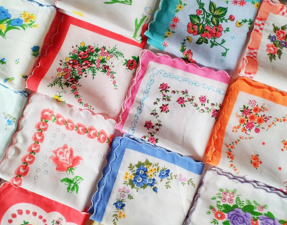 Set of 12 - Assortment of Floral Vintage Style Scalloped Edge Cotton Handkerchiefs