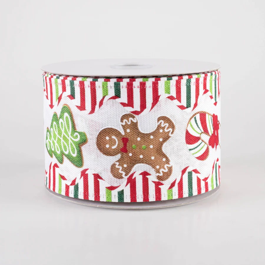 2 1/2" Christmas Cookies Candy Stripe Wavy Edge Wired Ribbon: White - 1 Yard