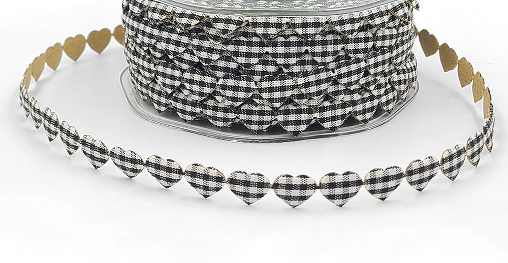 Adhesive Puffy Mini Gingham Heart Ribbon with Cut Sealed Edge: Black - 3/8" - 1 Yard