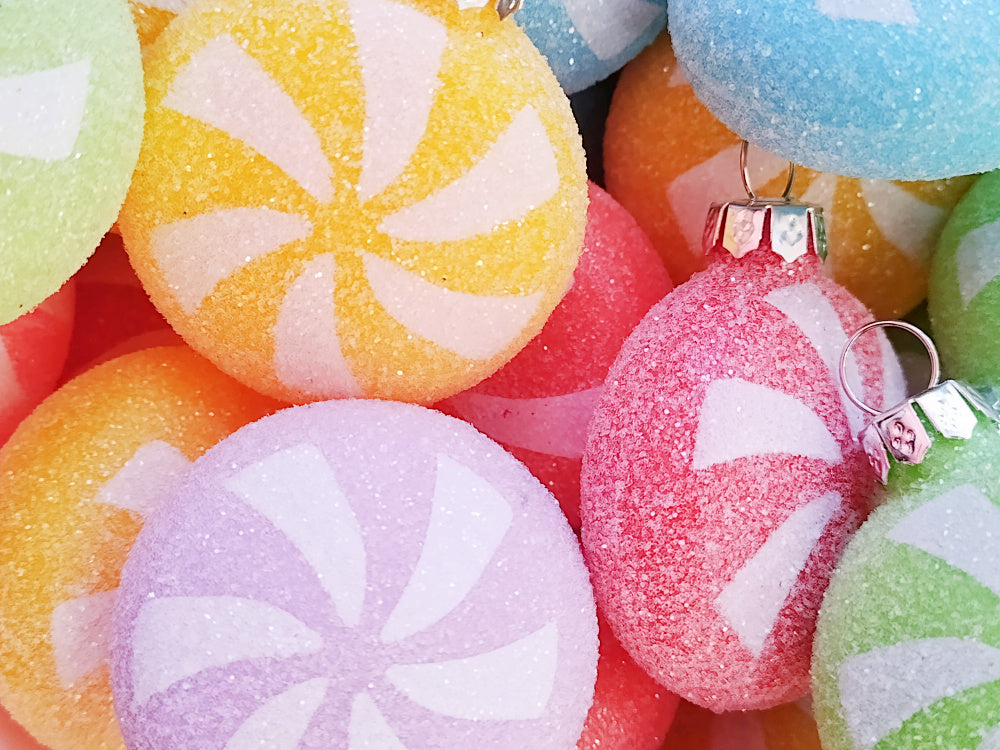 Glittered Swirled Small Christmas Candy Ornaments - 1 3/8 inch - Set of 4 - Sugar Pink Boutique
