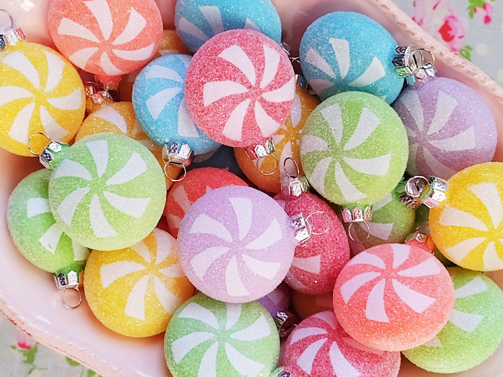 Glittered Swirled Small Christmas Candy Ornaments - 1 3/8 inch - Set of 4 - Sugar Pink Boutique