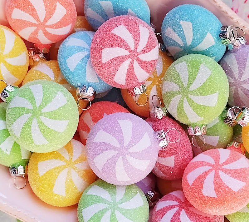 Glittered Swirled Small Christmas Candy Ornaments - 1 3/8 inch - Set of 4 - Sugar Pink Boutique