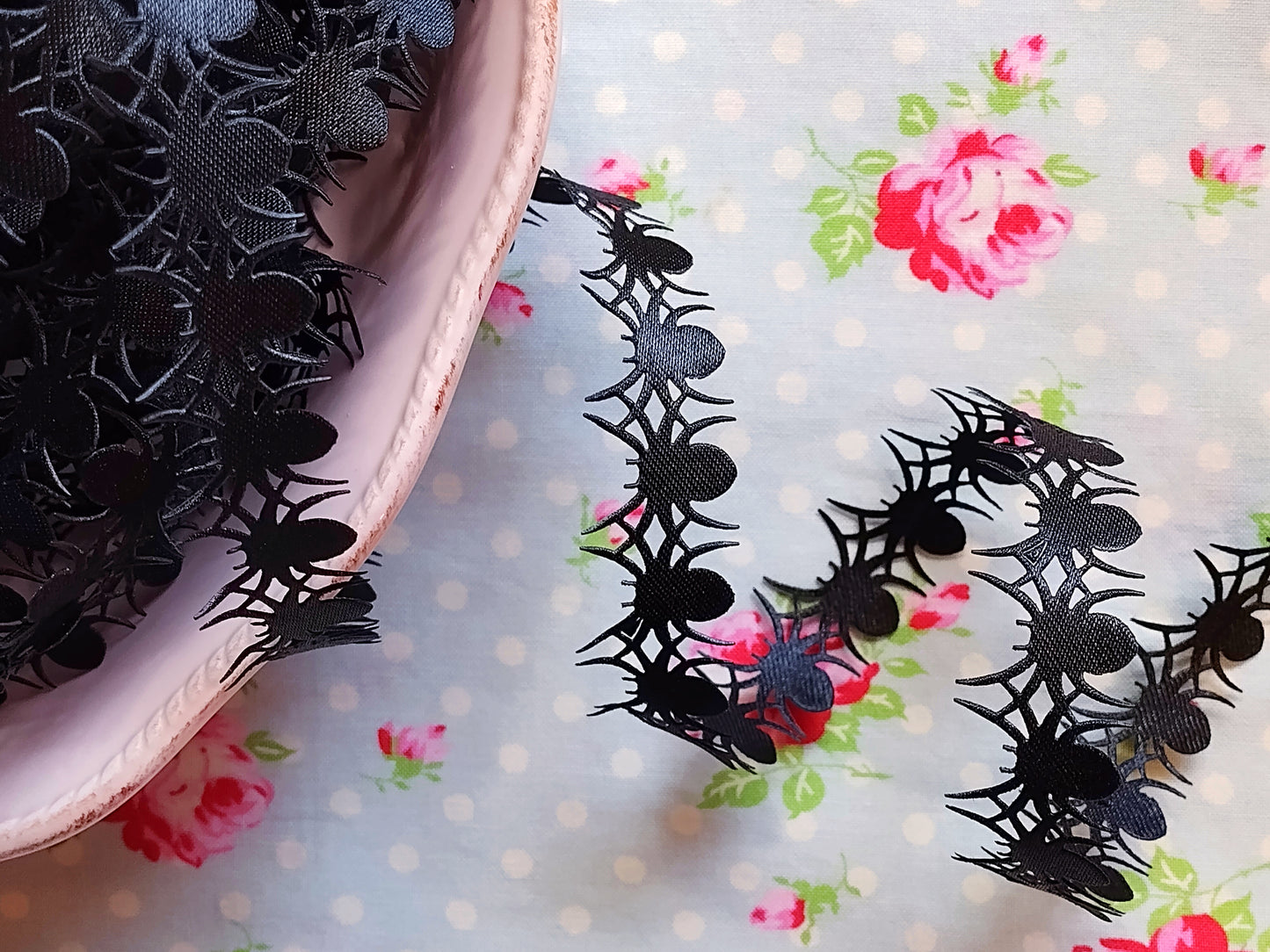 Black Spiders Satin Cut Out Ribbon/Trim - 7/8 inch - 1 Yard