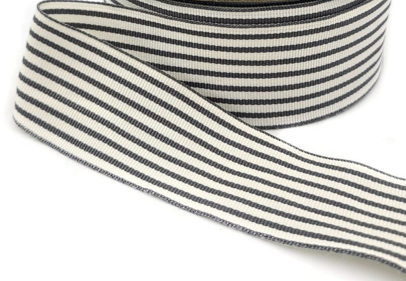 1 1/2" Striped Grosgrain Ribbon - Charcoal and Ivory - 1 Yard