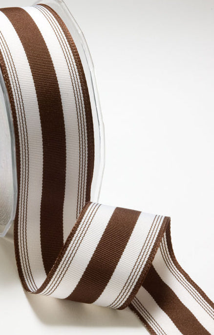 Ticking Striped Grosgrain Ribbon - Brown and White - 1 1/2 inch - 1 Yard