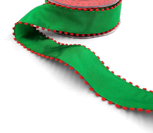 Pom Pom Edge Wired - Green and Red - Ribbon - 1 1/2 inch - 1 Yard - Sugar Pink Boutique