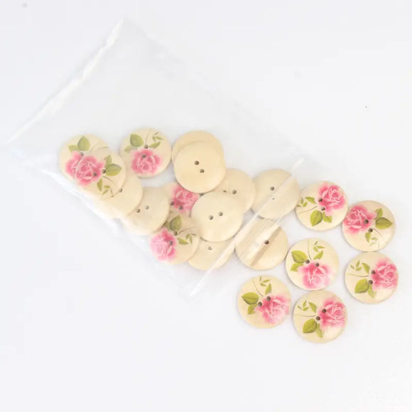Shabby Chic Roses Wooden Painted Buttons - Set of 20