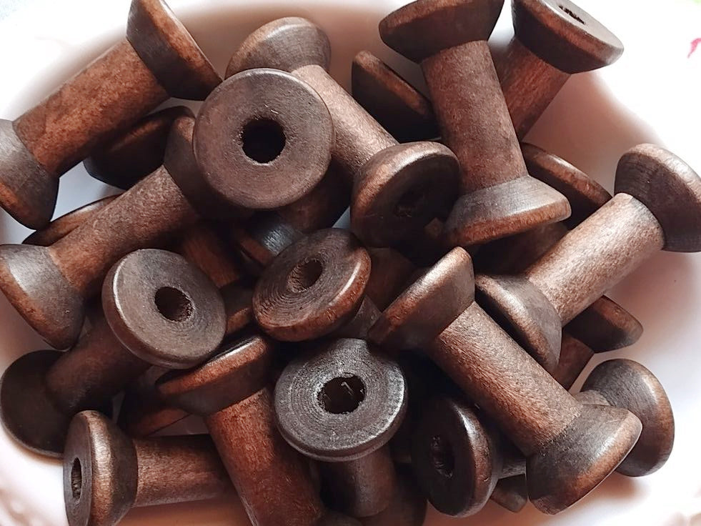 Set of 5 - Walnut Brown Wooden Spools - 1.57" - Sugar Pink Boutique