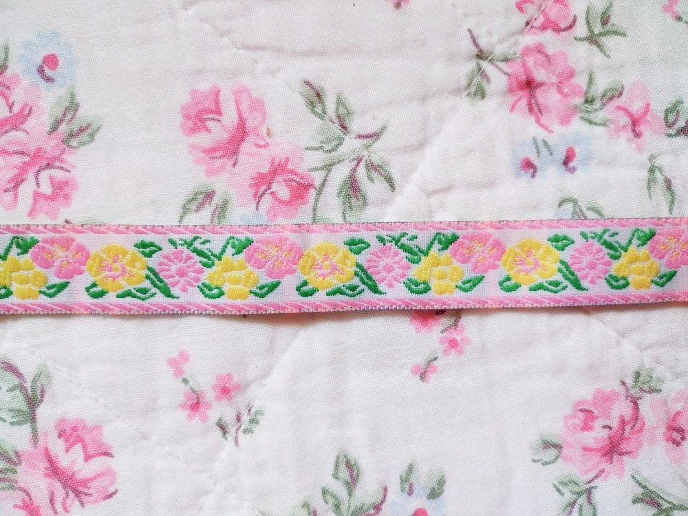 Jacquard Pink, Green & Yellow Spring Floral Ribbon - 5/8" - 1 Yard